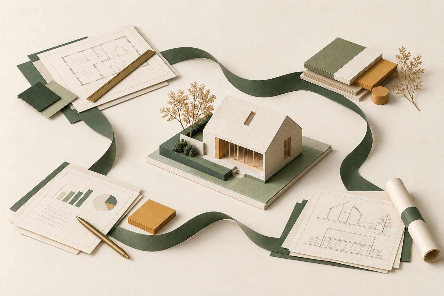 Model pracowni i połączone arkusze — ilustracja organizacji pracy.