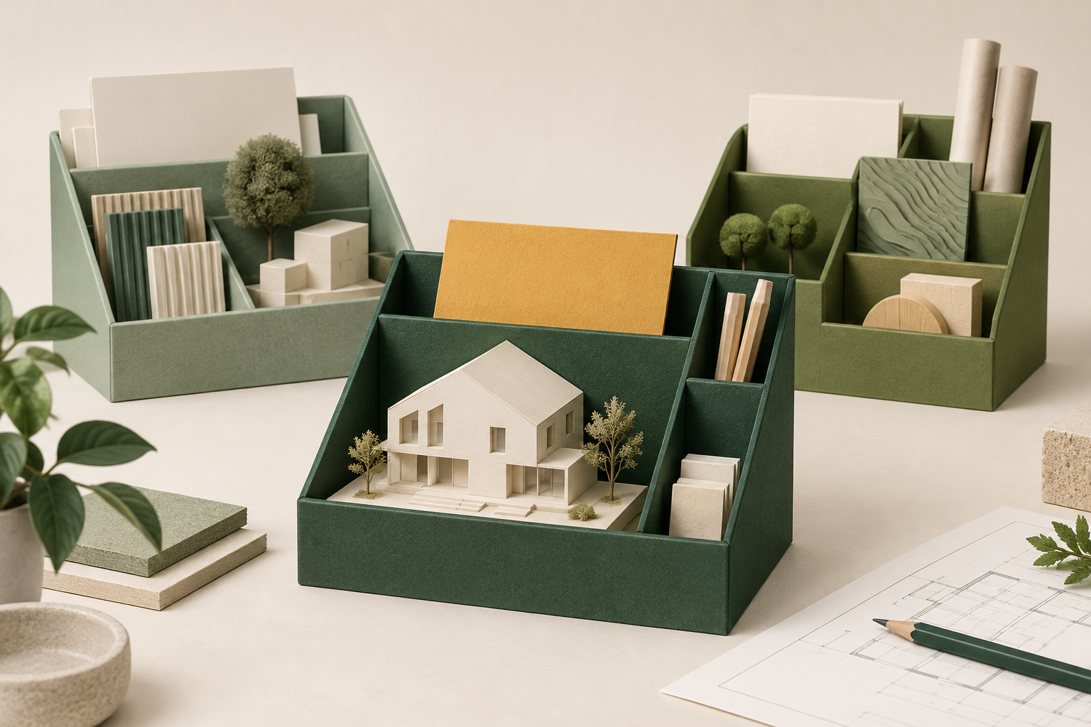 Trzy zielone organizery z papierowymi modelami architektonicznymi; na pierwszym planie model domu.